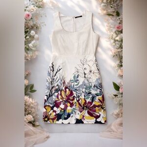 Tahari Cream and Multicolor Floral Midi Dress